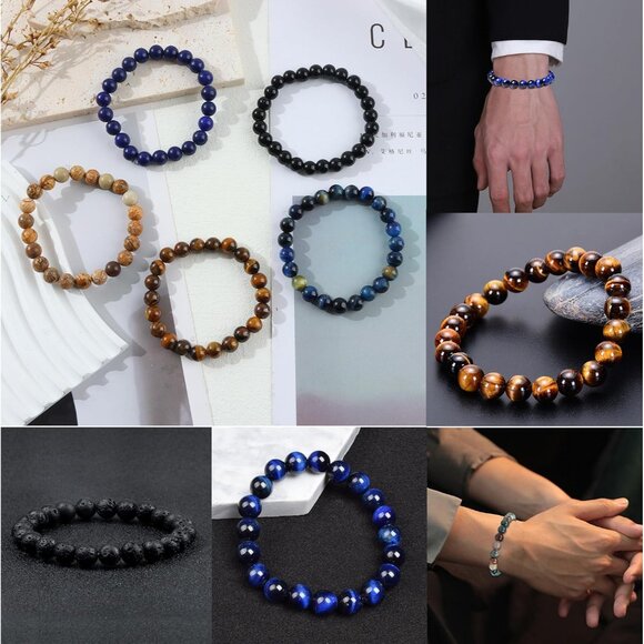 12Pcs Gemstone Beaded Stretch Bracelets Set Unisex Crystal Stone Jewelry - Picture 6 of 7